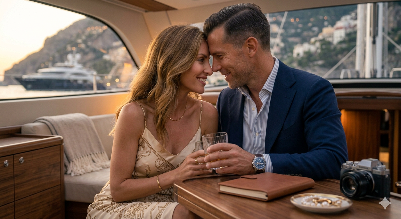 Elegant couple sharing an intimate moment aboard a luxury yacht at sunset on the Amalfi Coast, with gold jewelry and a sophisticated watch on display.