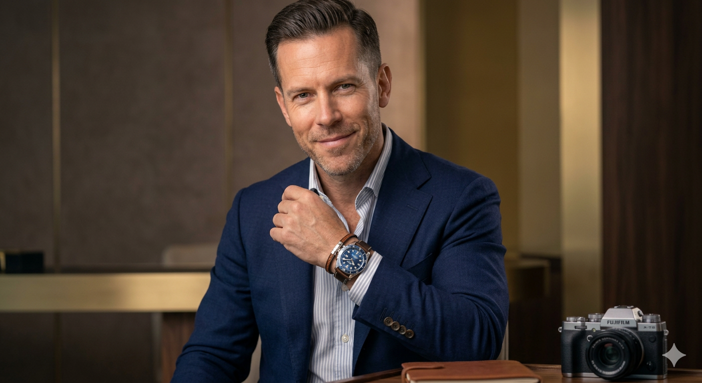 Confident man in a navy blazer showcasing a blue dial luxury watch with a brown leather strap, seated at a desk with a vintage camera and leather journal.